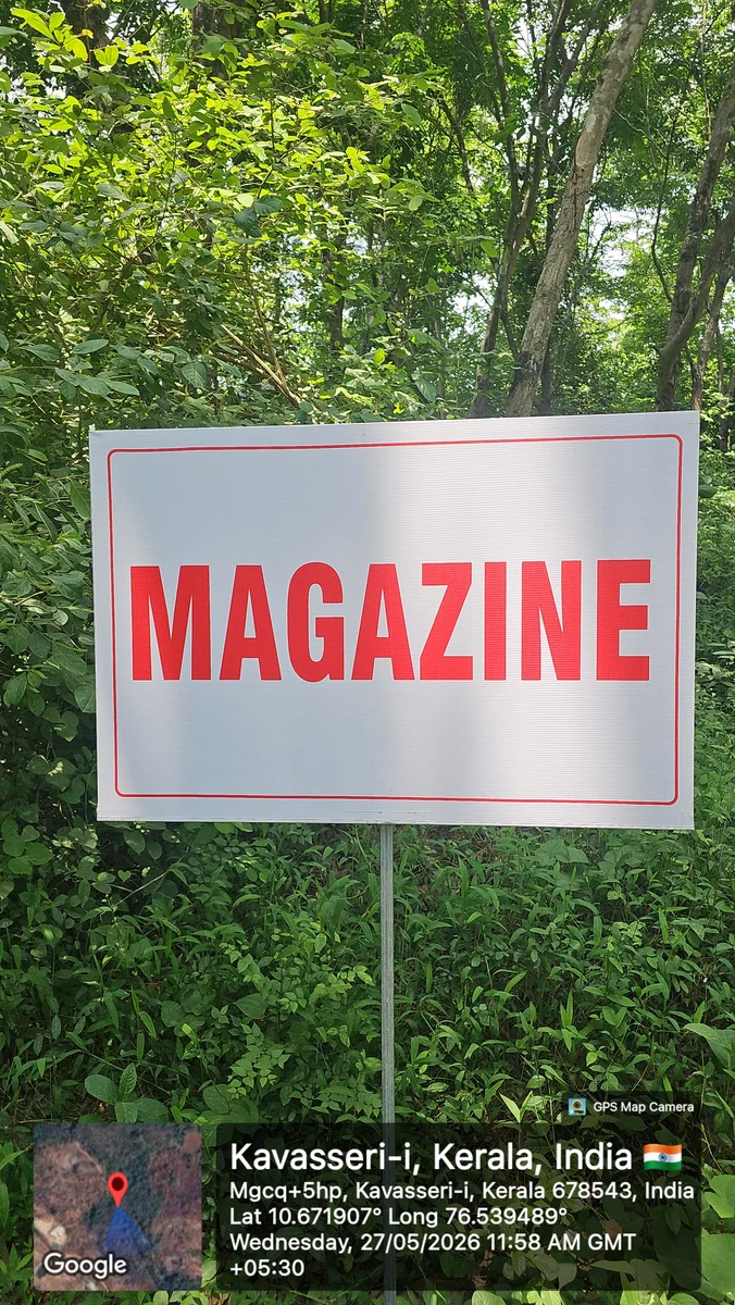 Signboard identifying the secure explosives storage magazine area